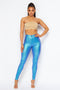 Super High Waisted Faux Leather Stretchy Skinny Jeans - Metallic Sky Blue
